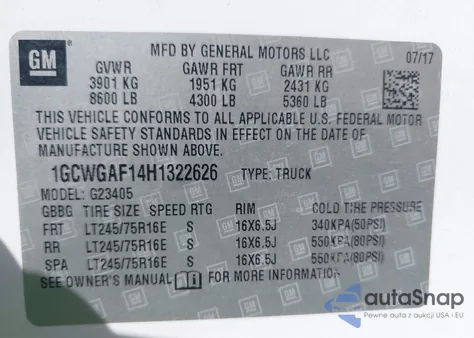 2017 Chevrolet Express 2500 Work Van z USA, uszkodzony, nr VIN 1GCWGAF14H1322626